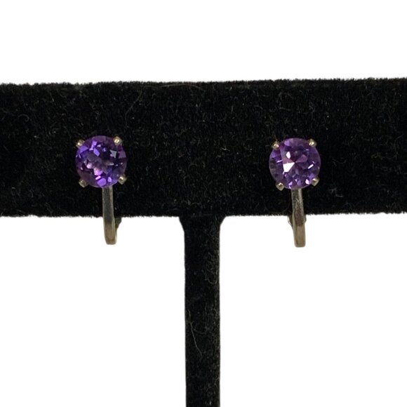 Vintage 6mm Purple Stone Clip-On Earrings 925 Silver Prong Setting - Picture 1 of 6